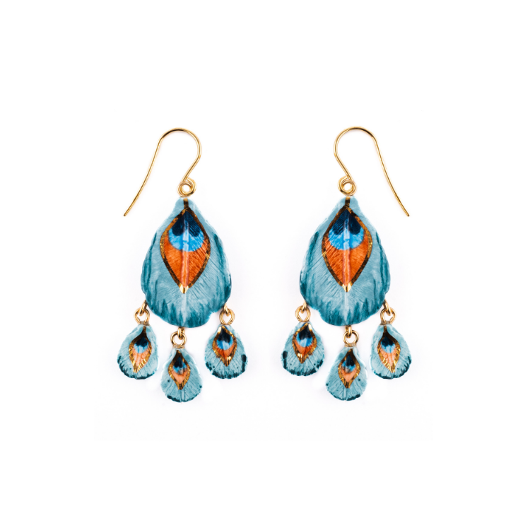 孔雀羽毛流蘇瓷耳環