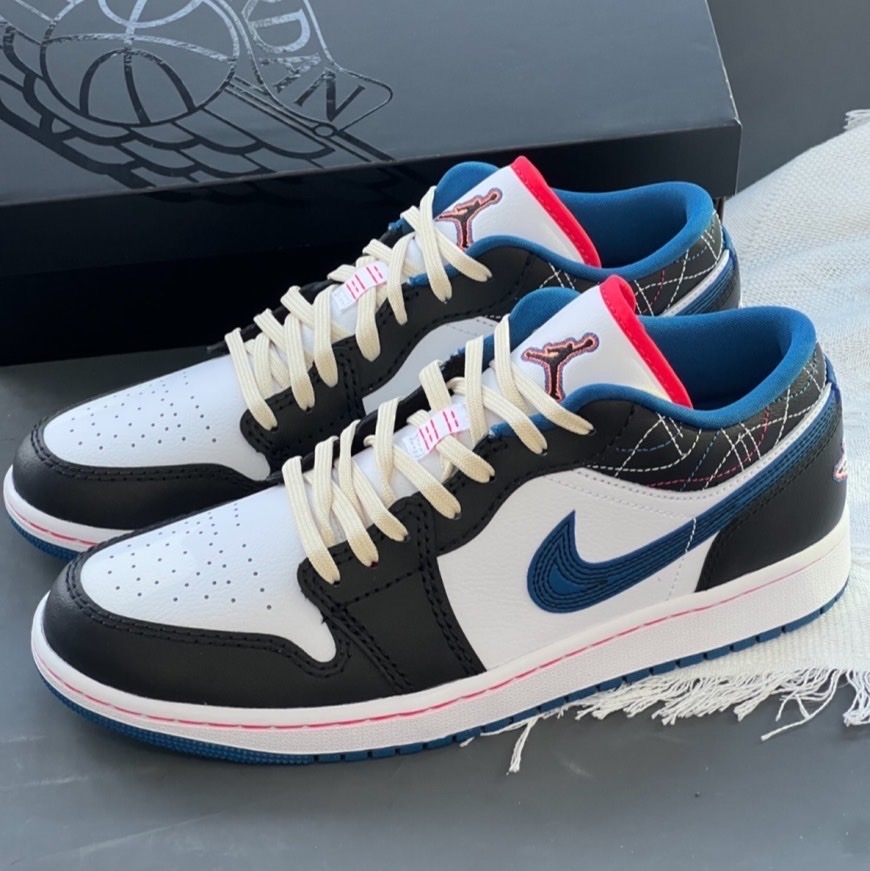 Nike Air Jordan 1 Low SE Black Industrial Blue 工業藍黑 刺繡 縫線 黑白藍