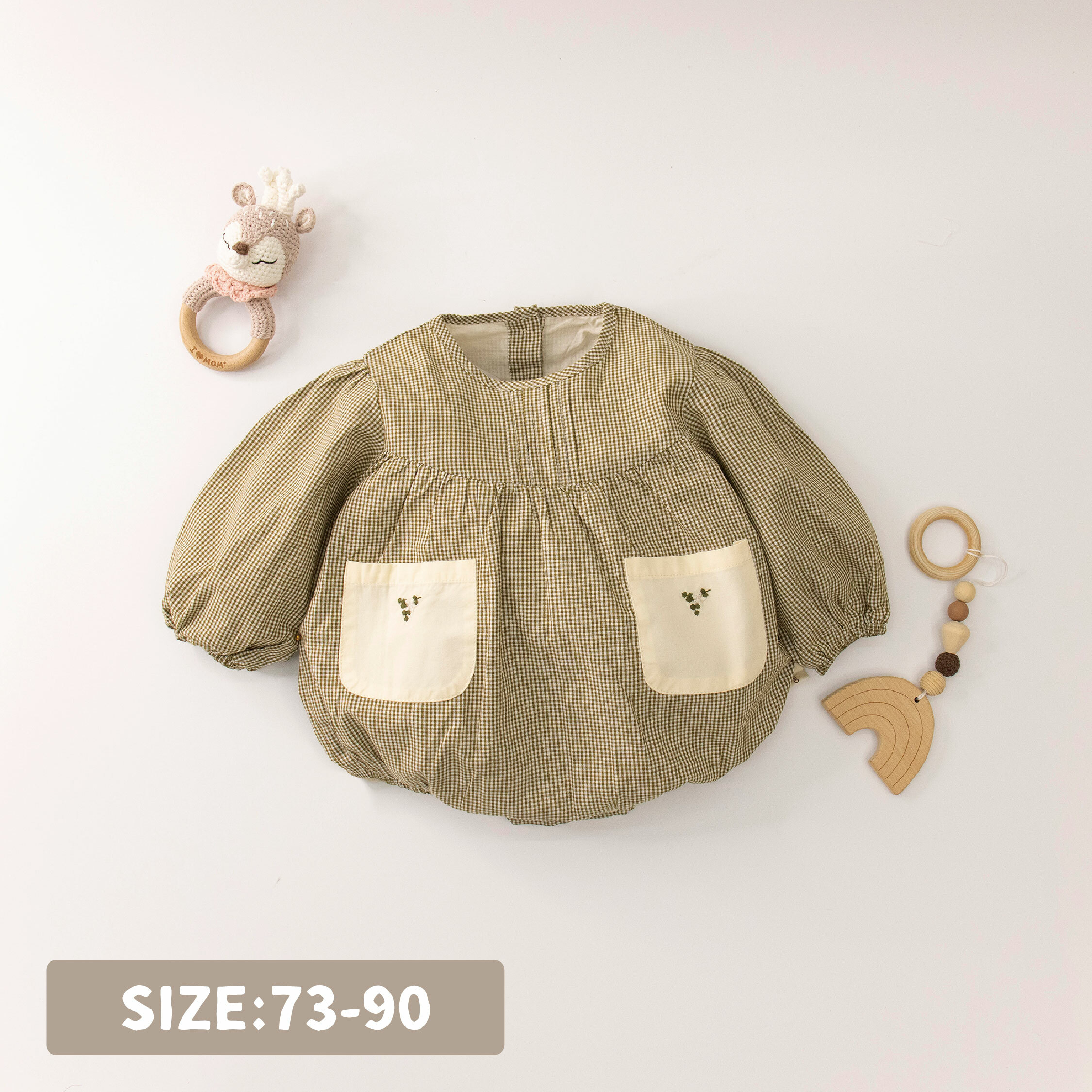 【JG3194】小清新細格紋花朵刺繡包屁衣