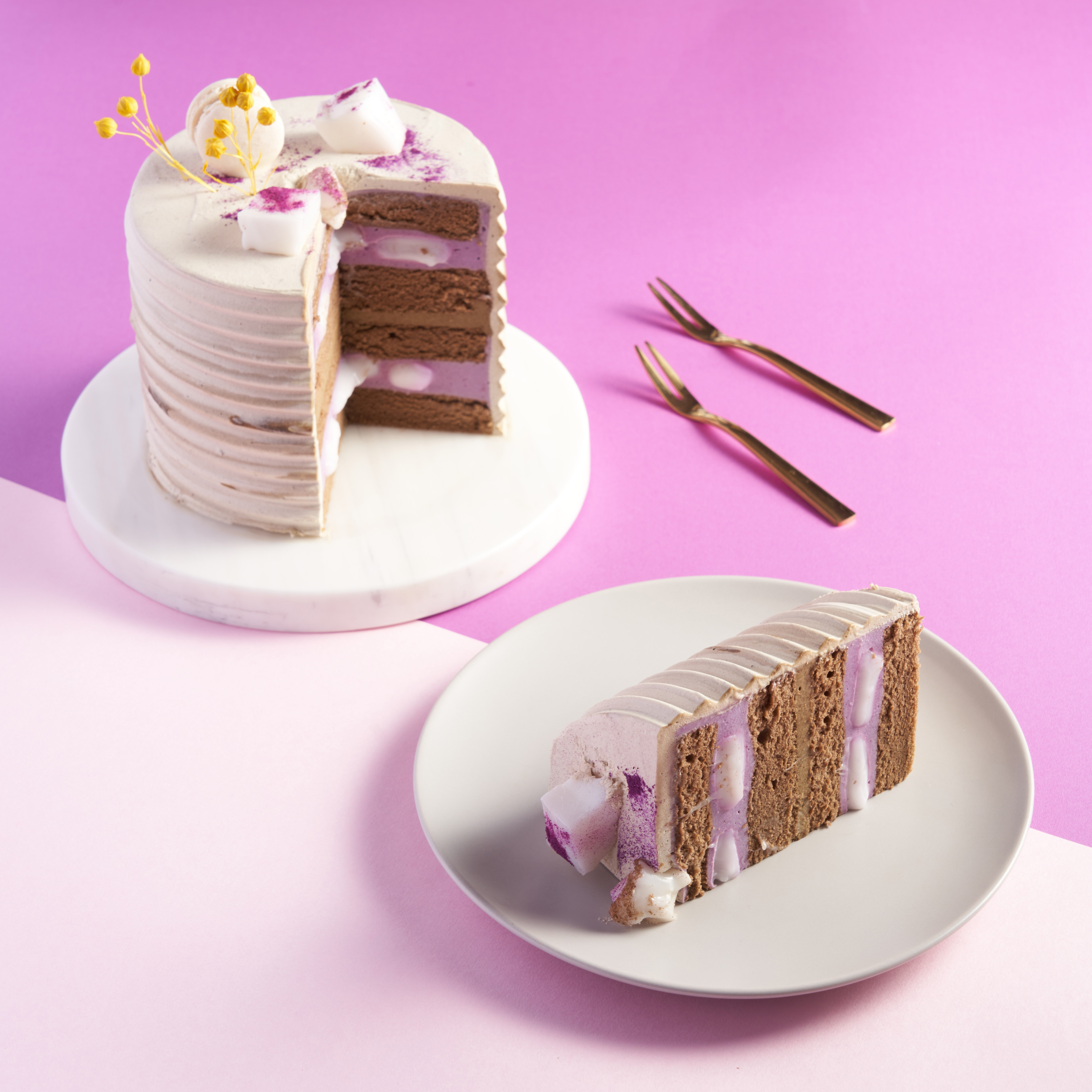 Houjicha, Purple Yam & Mochi Cake