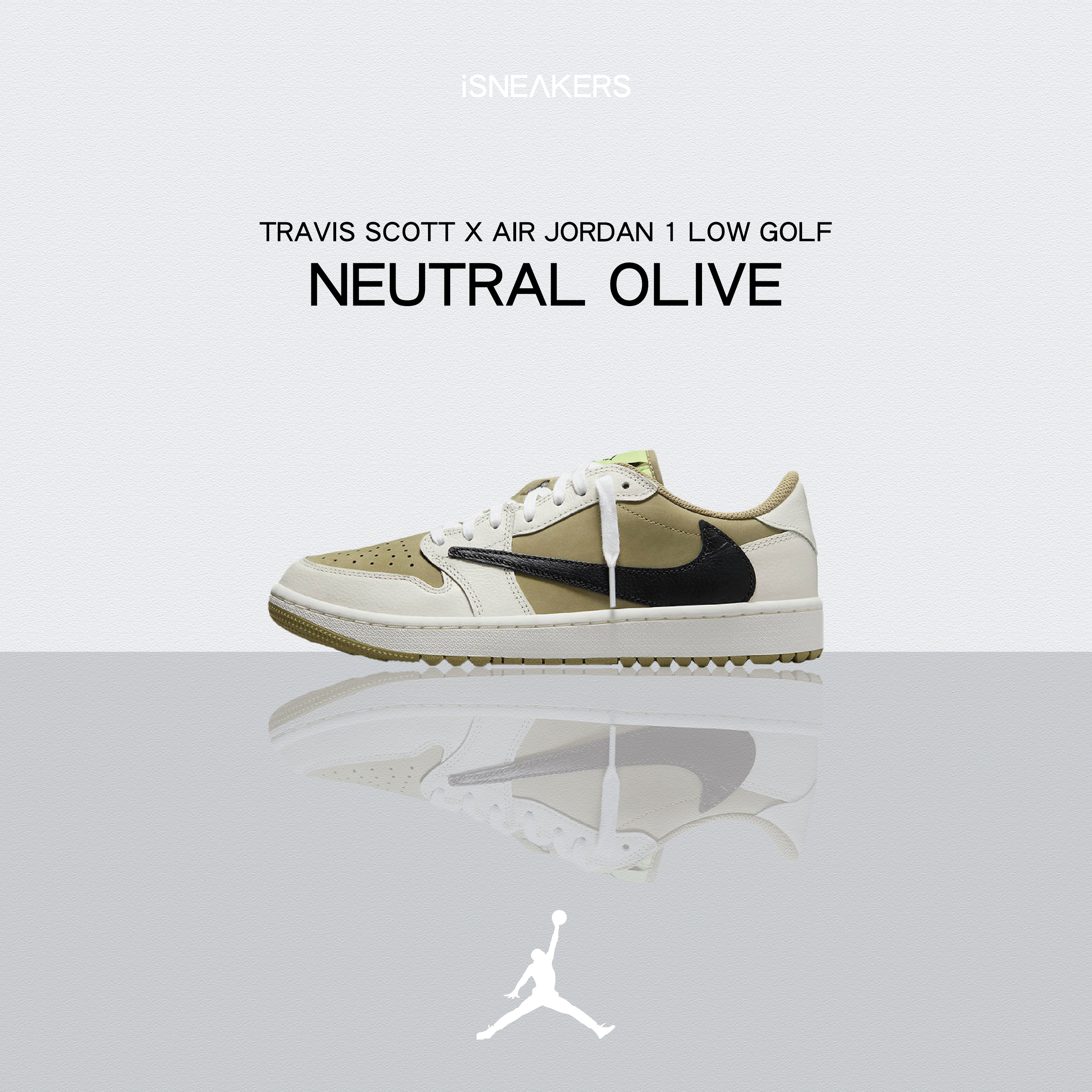 iSNEAKERS｜Travis Scott x Air Jordan 1 Low Golf "Neutral Olive" 白墨綠倒勾 FZ3124-200