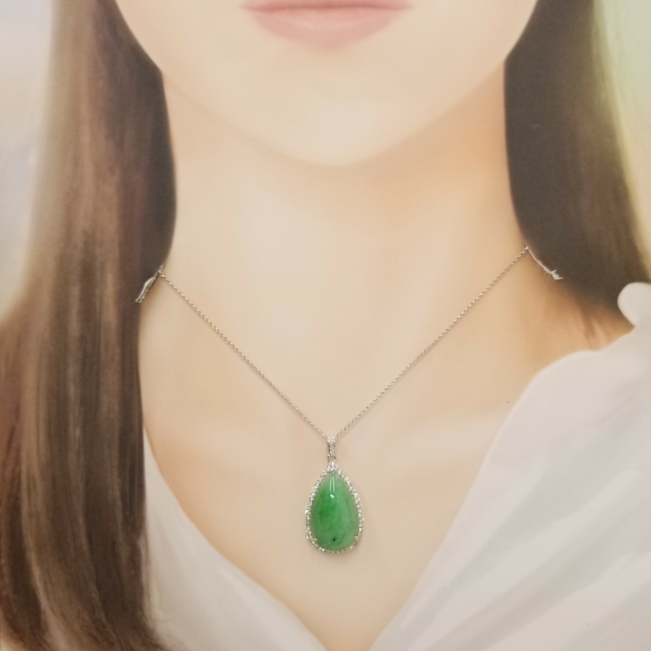 18K White Gold Jade and 0.48ct Diamond Pendent