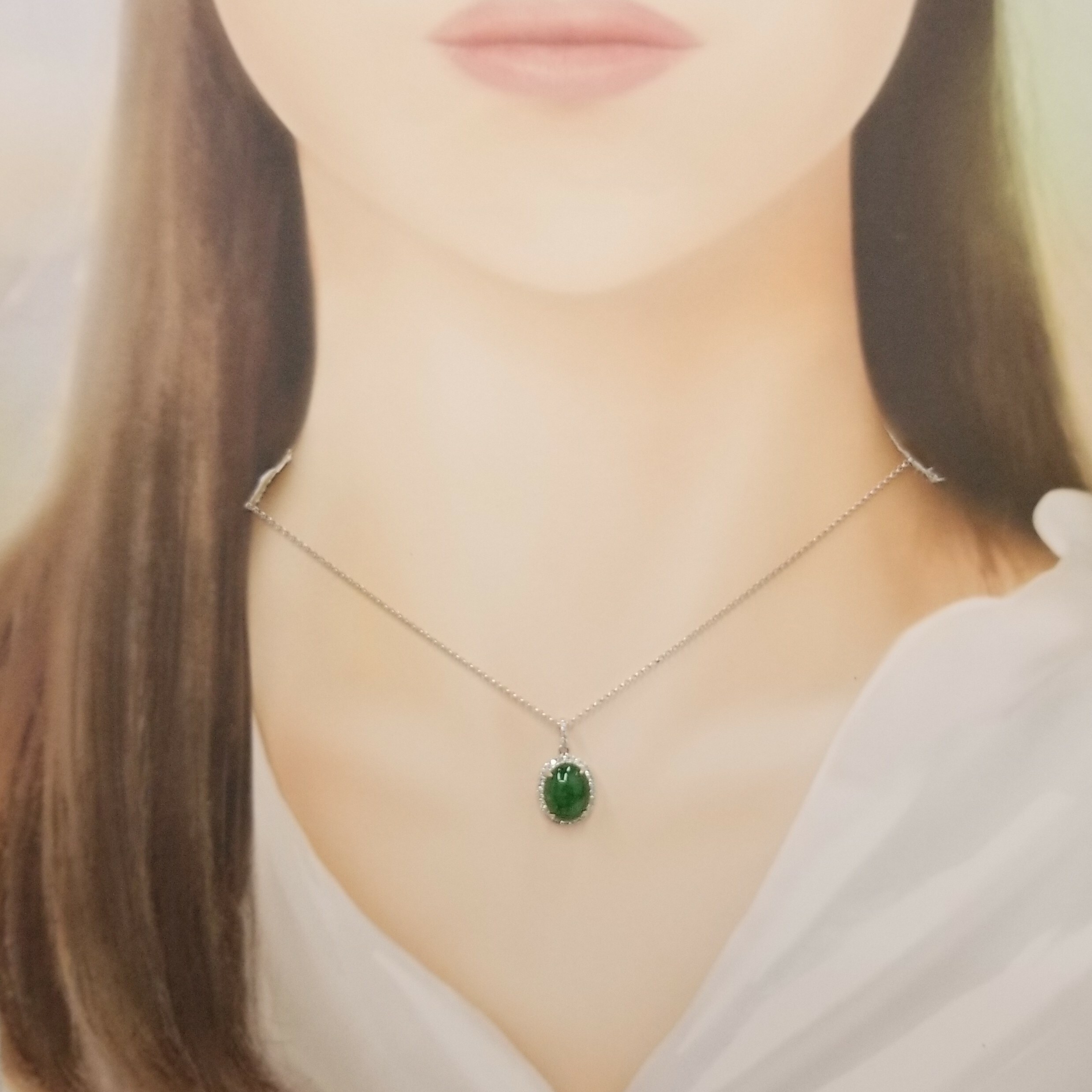 18K White Gold Jade and 0.14ct Diamond Pendant