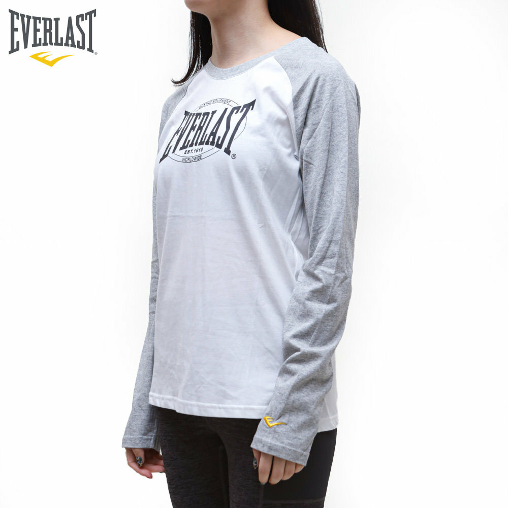 EVERLAST 長袖 白灰 印花LOGO 拉克蘭 拼接 薄長T 女 4952100112