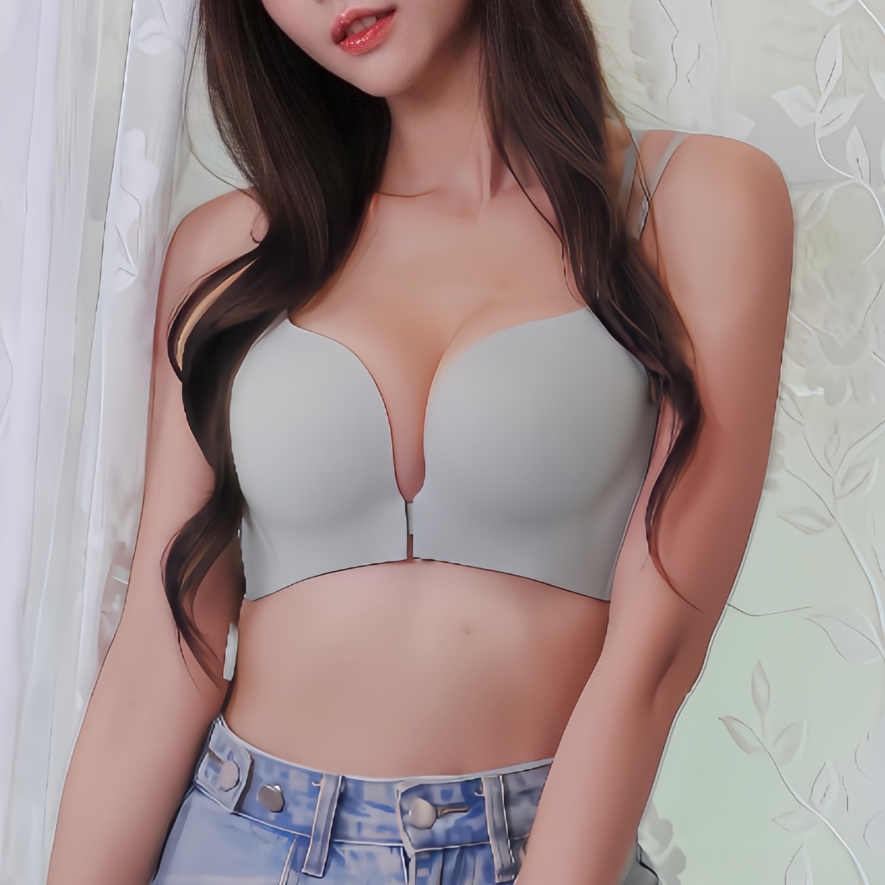 vogue-前釦式後背花紋透膚內衣-灰藍色 (4色)