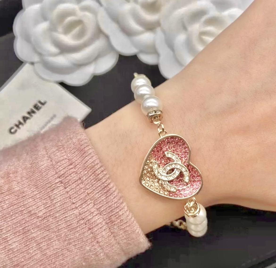 香奶奶夢幻漸層粉金鑽桃心 珍珠翻玩手鍊