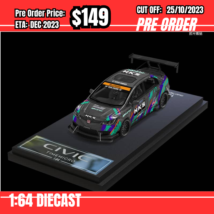 PO-$149 * Time Micro * 1:64 Honda Civic Type R FD2 Wide Body HKS [OD18/10] 
