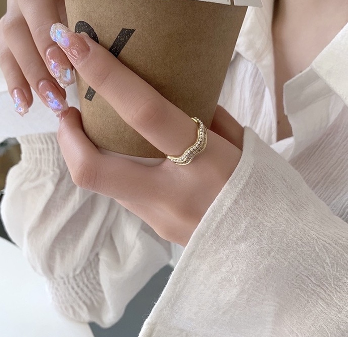 低奢柔感珍珠鑽 波浪開口戒/現貨1