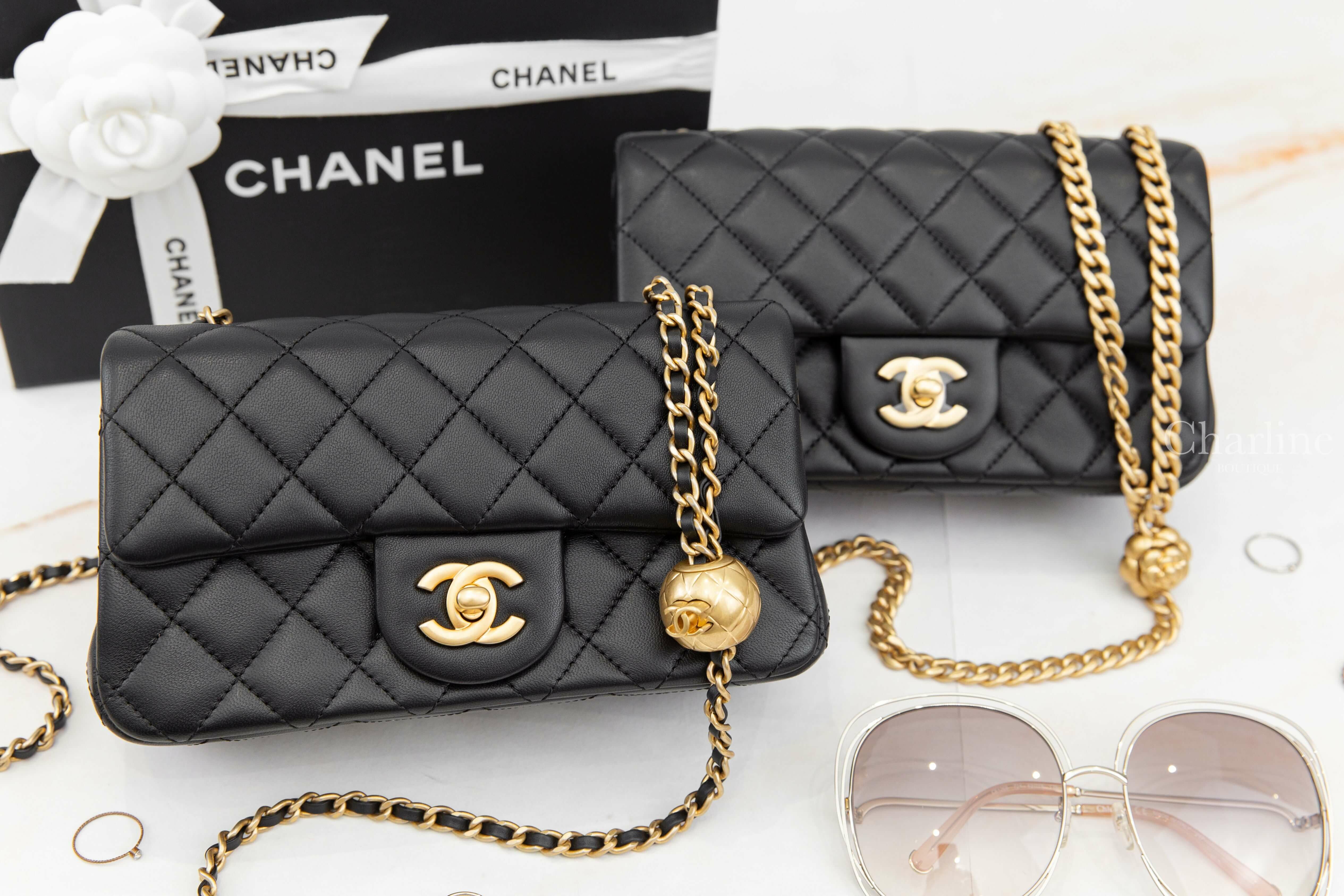 Chanel Flap Bag 黑色金CC金色小珠鍊帶20cm小羊皮菱格紋肩背包,Chanel Mini Flap Bag 黑色金CC金色山茶花鍊帶20cm小羊皮菱格紋手提肩背包-Charline Boutique 精品代購