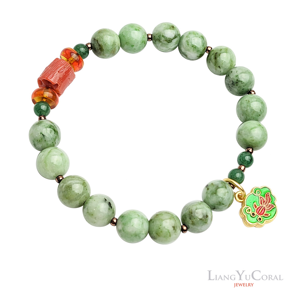 天然紅珊瑚鼓豆種翡翠手鍊8mm
