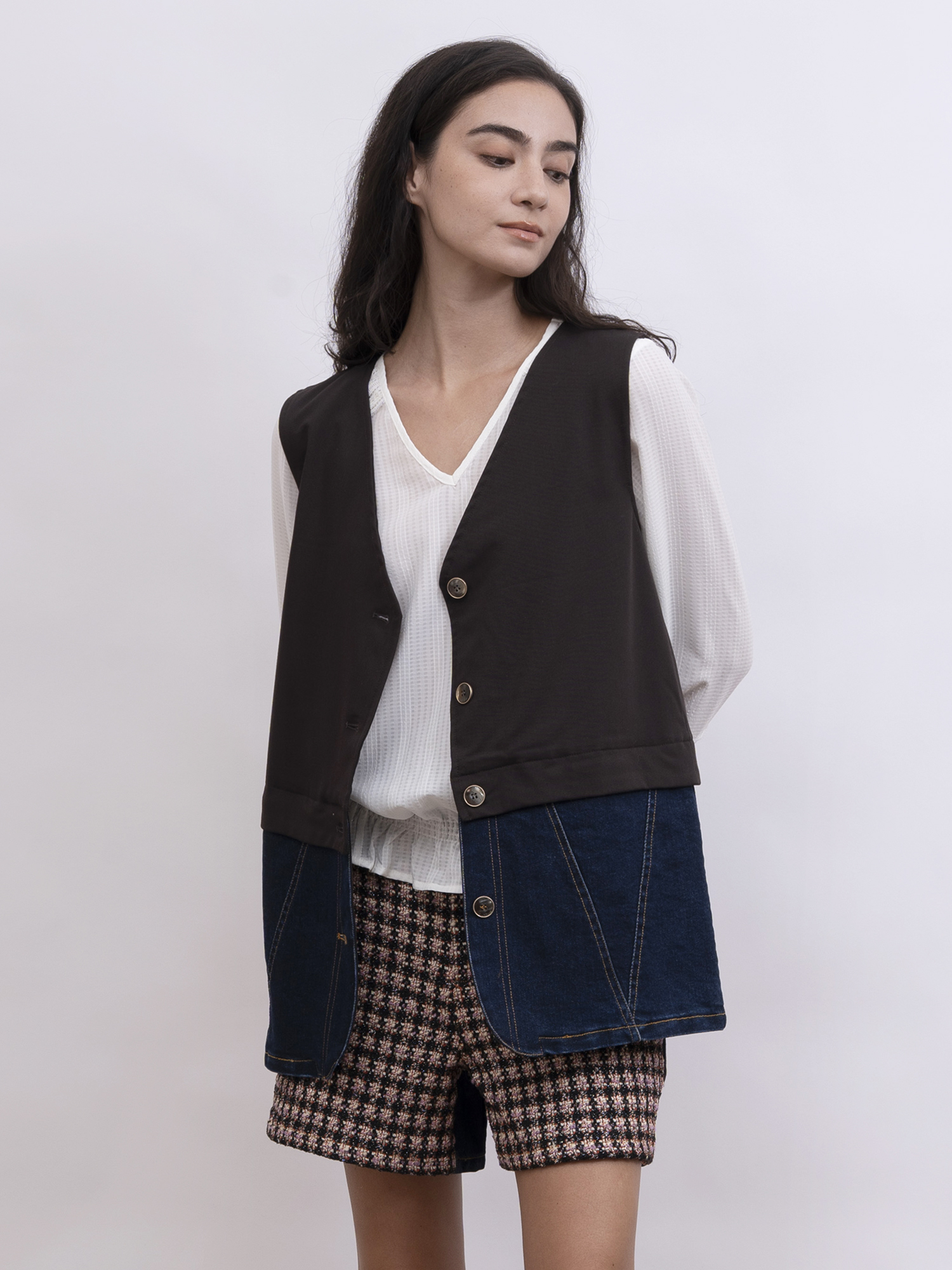 mi-tu 拼接牛仔背心外套