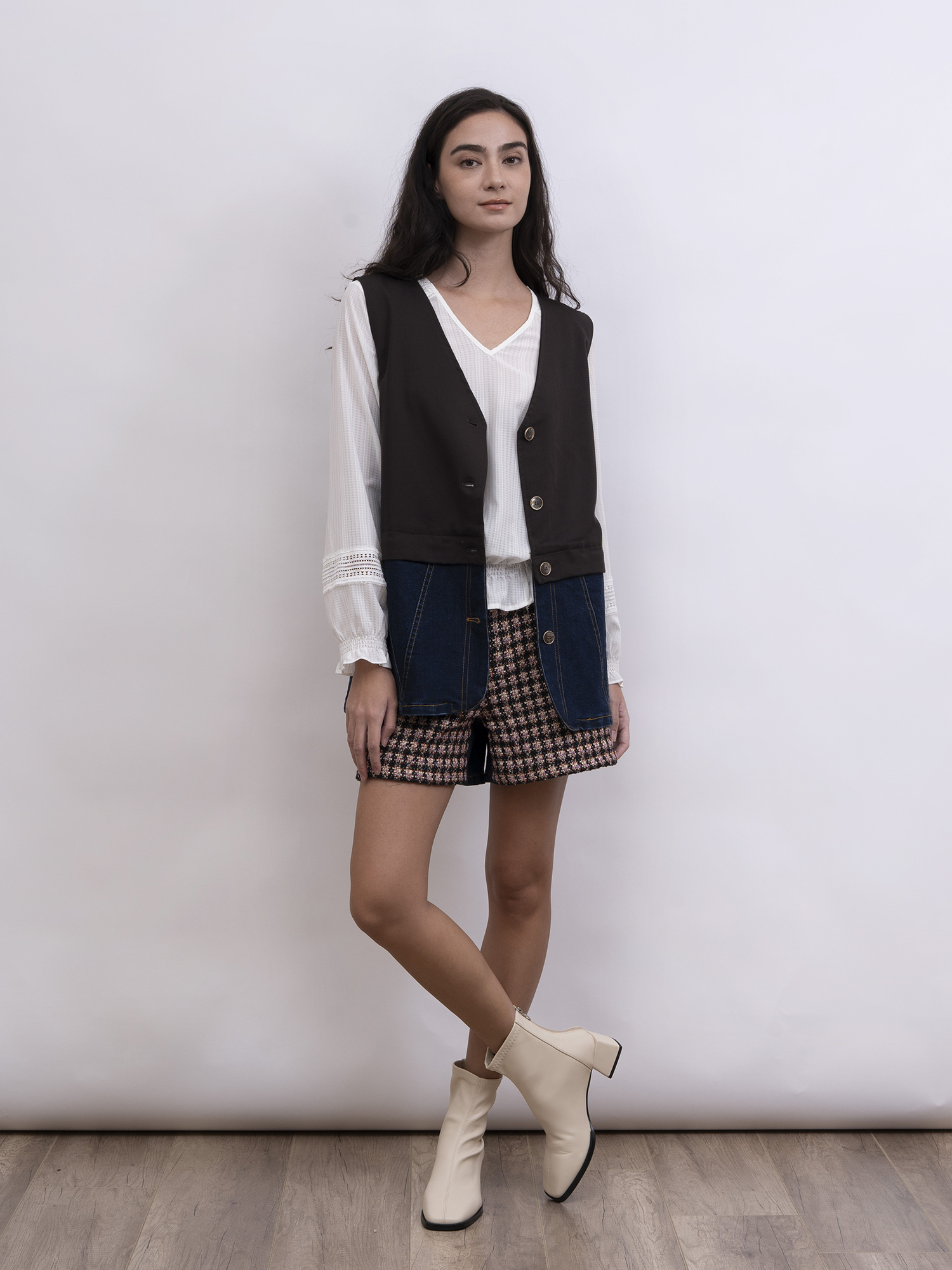 mi-tu 拼接牛仔背心外套