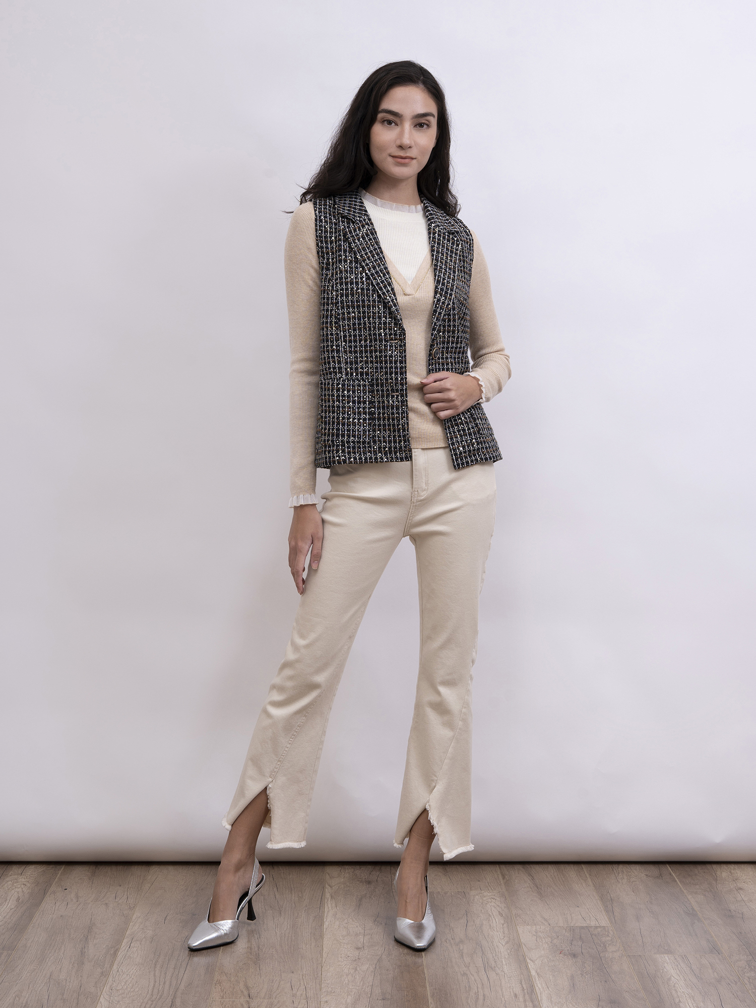 mi-tu 粗花呢珠片背心外套