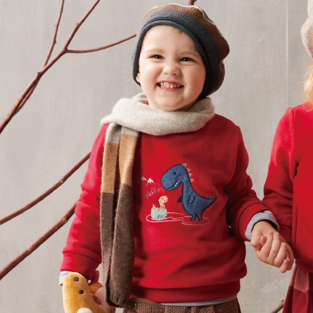 PIPPY可愛恐龍玩耍棉質圓領長袖上衣 紅