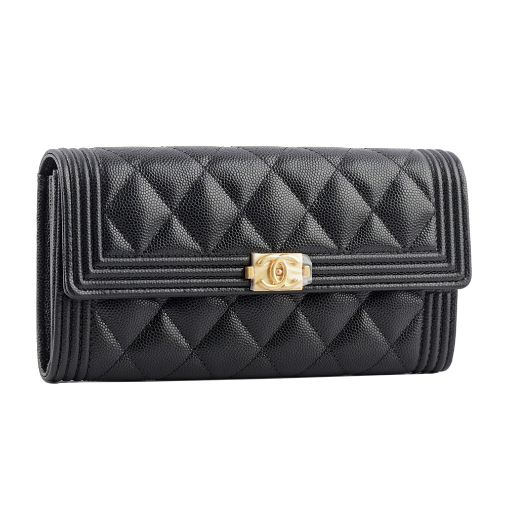 【CHANEL】Boy Chanel 霧金釦荔枝牛皮菱格紋壓釦長夾(黑色) A80286 B01490 94305