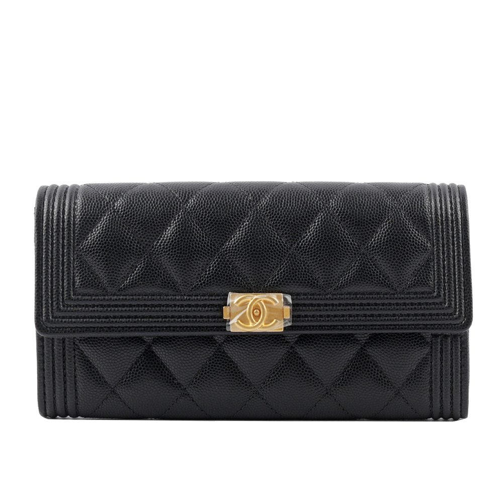 【CHANEL】Boy Chanel 霧金釦荔枝牛皮菱格紋壓釦長夾(黑色) A80286 B01490 94305