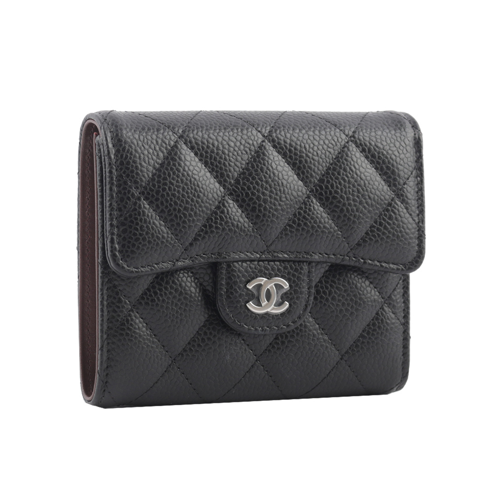 【CHANEL】銀色CC Logo 菱格紋荔枝牛皮三折短夾