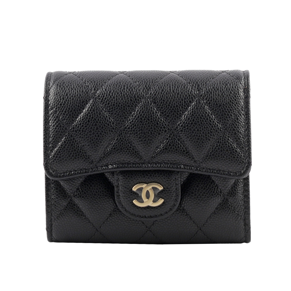 【CHANEL】金色CC Logo 菱格紋荔枝牛皮釦式零錢袋三折短夾