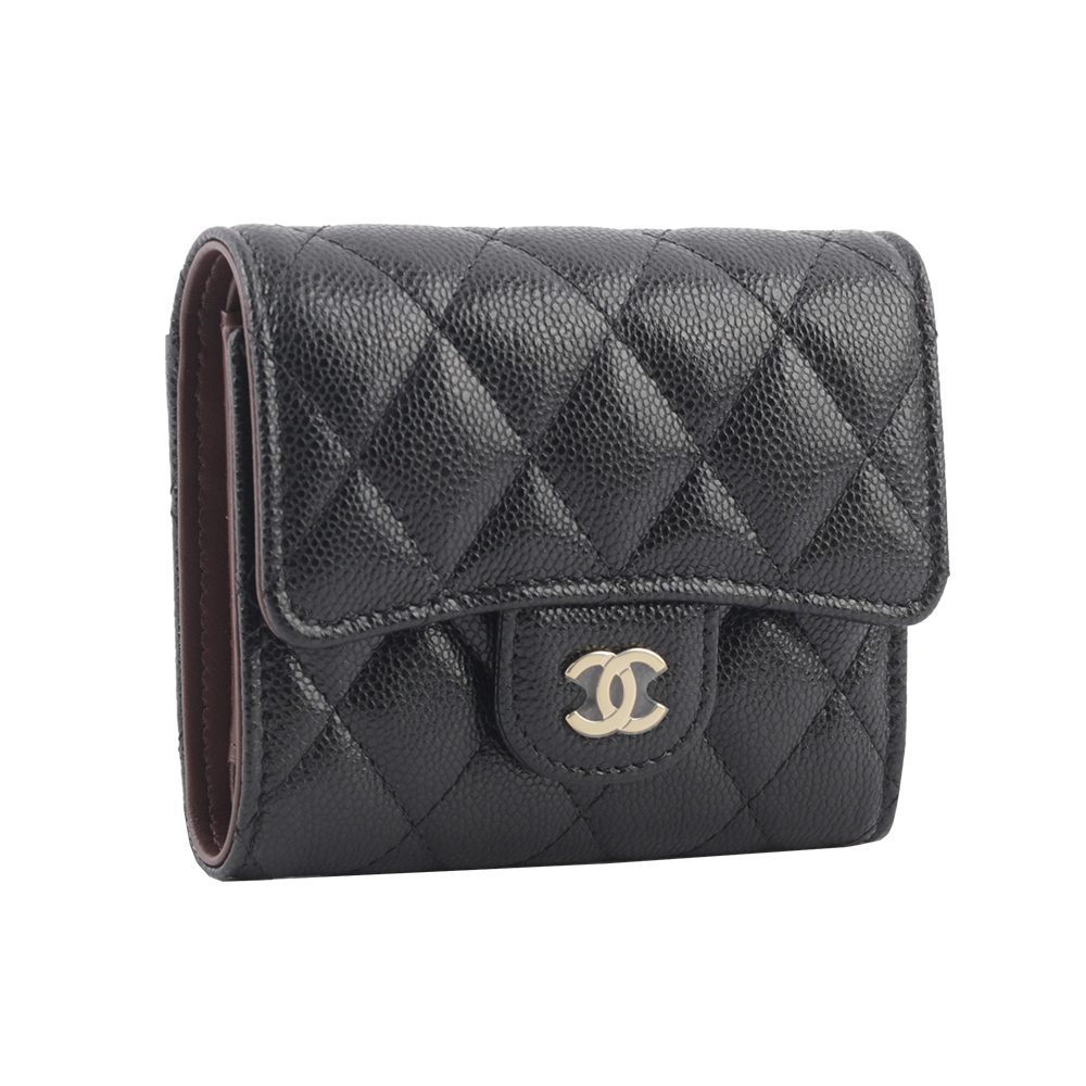 【CHANEL】金色CC Logo 菱格紋荔枝牛皮釦式零錢袋三折短夾