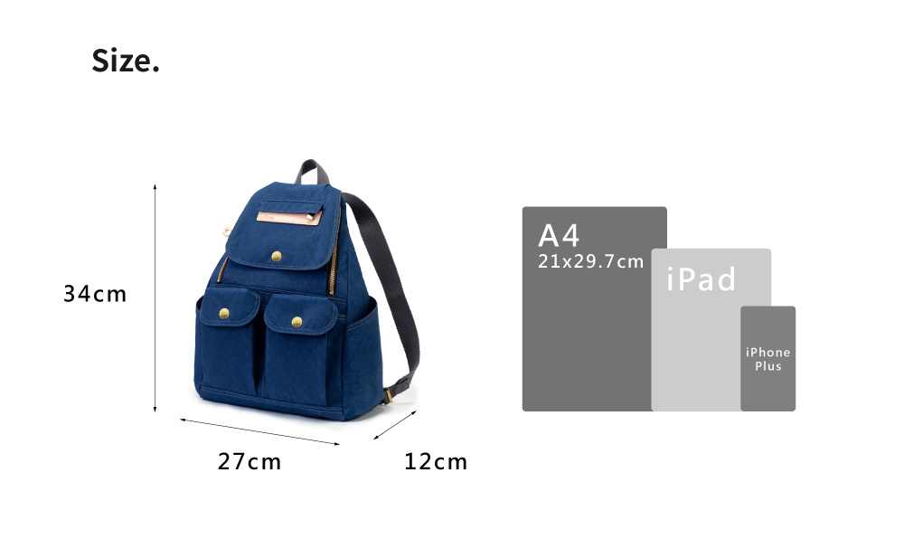 satana Soldier 小拉鍊後背包 海軍藍色 SOS0972-225 尺寸