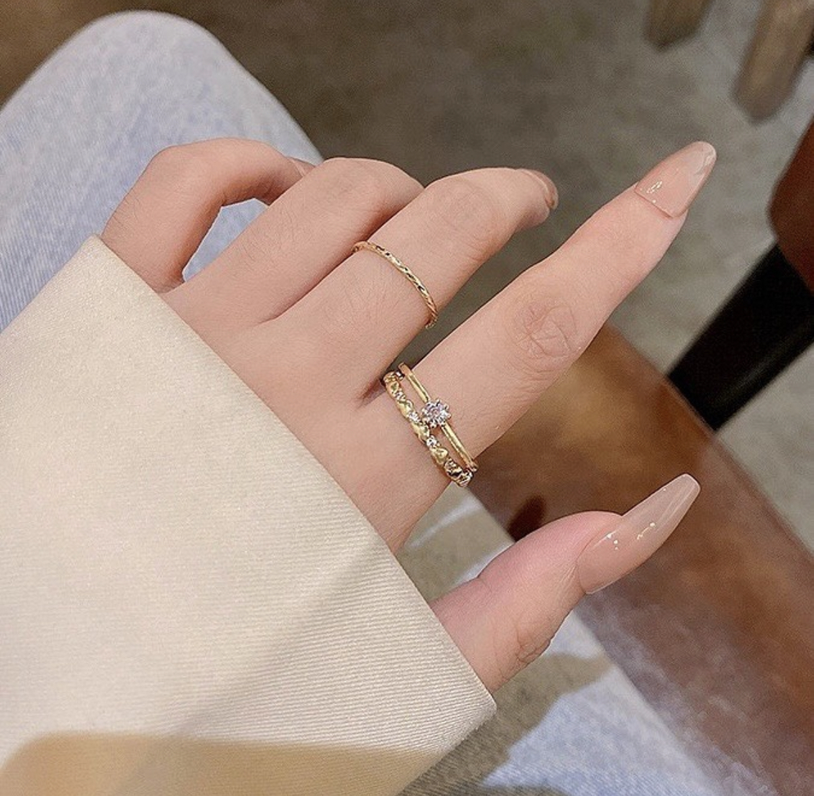 神仙金菱格編織心金鑽 三件開口細戒set /現貨1