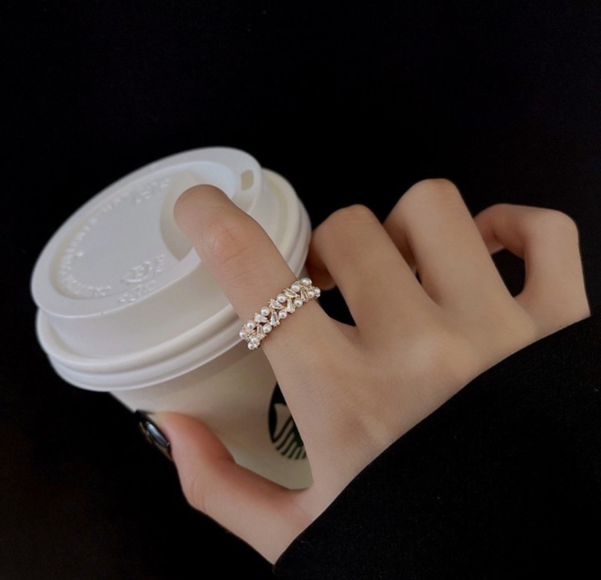 低奢溫柔珍珠鑽蕾絲開口戒