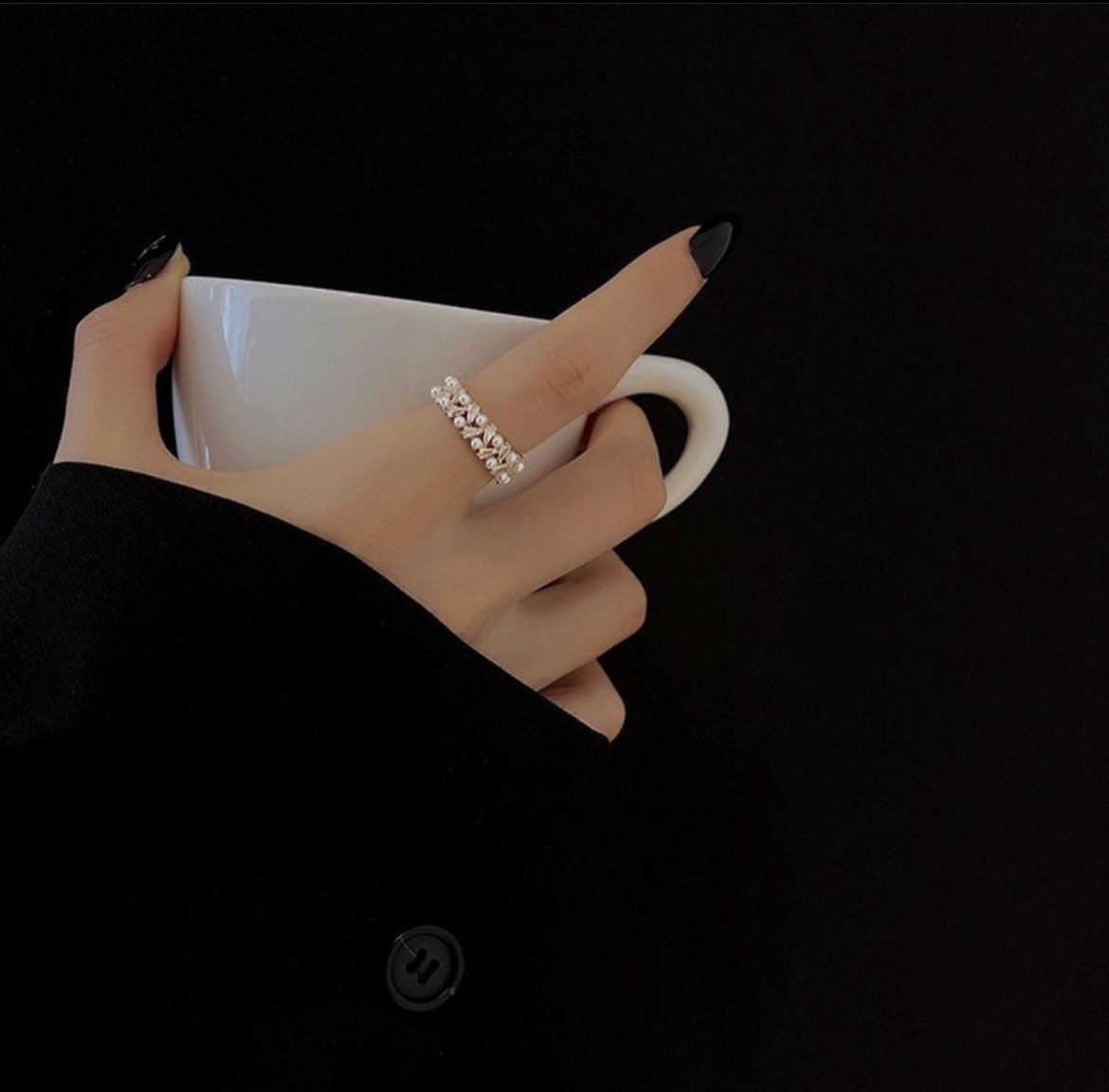 低奢溫柔珍珠鑽蕾絲開口戒