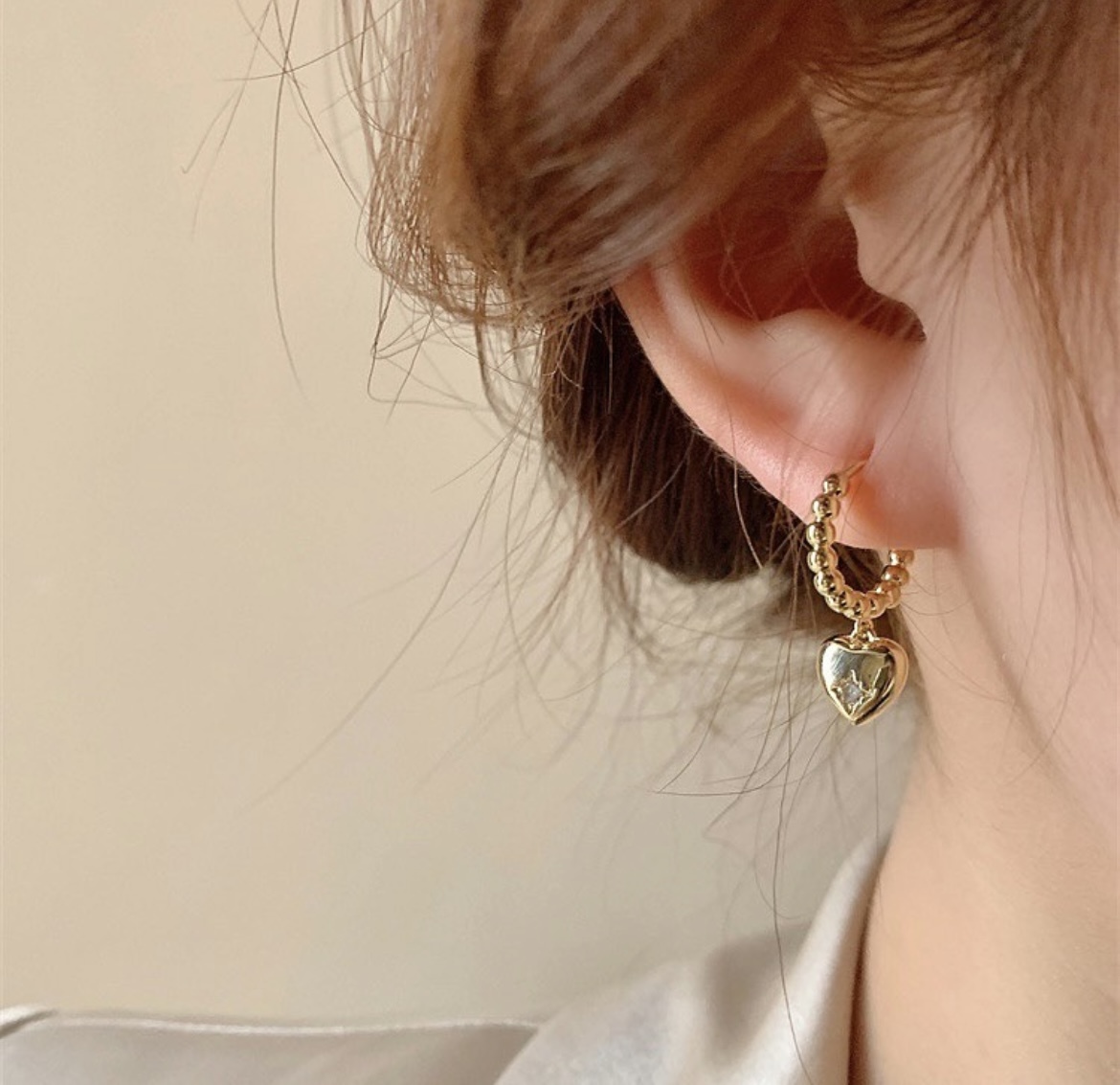 金珠嵌鑽金桃心 耳扣墜