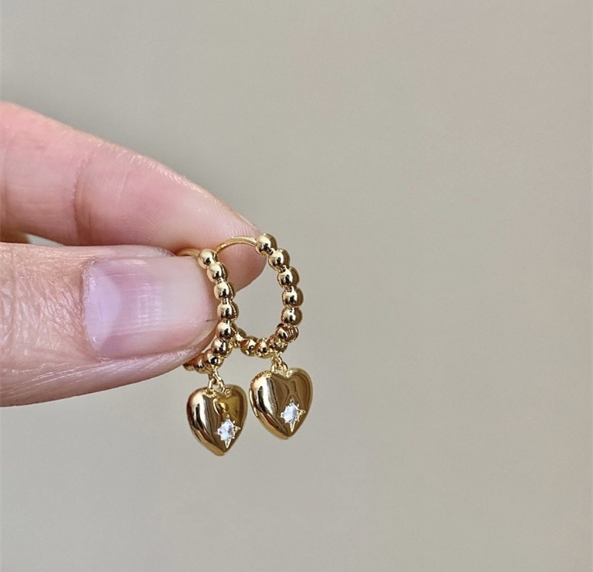 金珠嵌鑽金桃心 耳扣墜