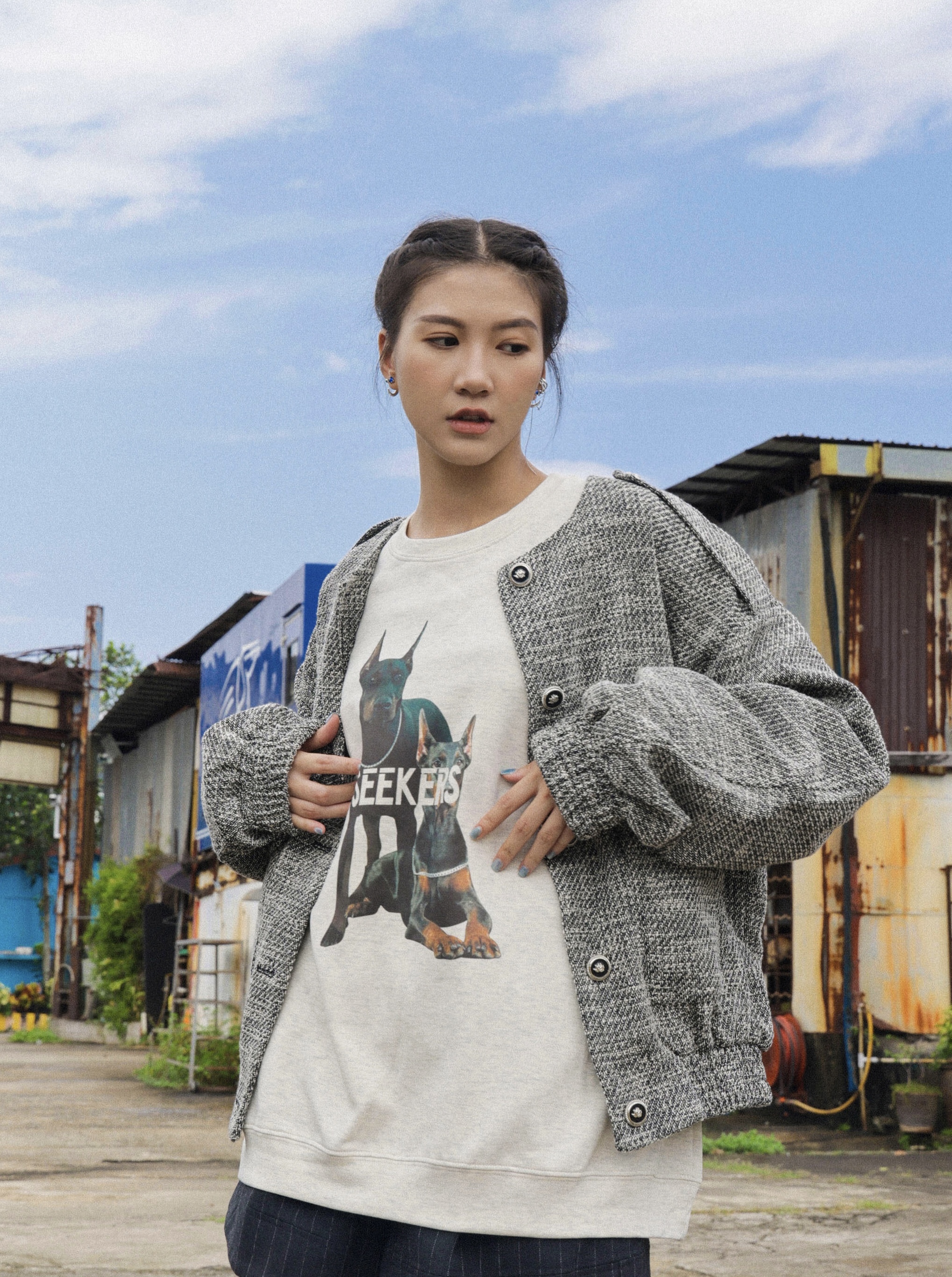 束袖腳圓領大袋 tweed外套（現貨款式）