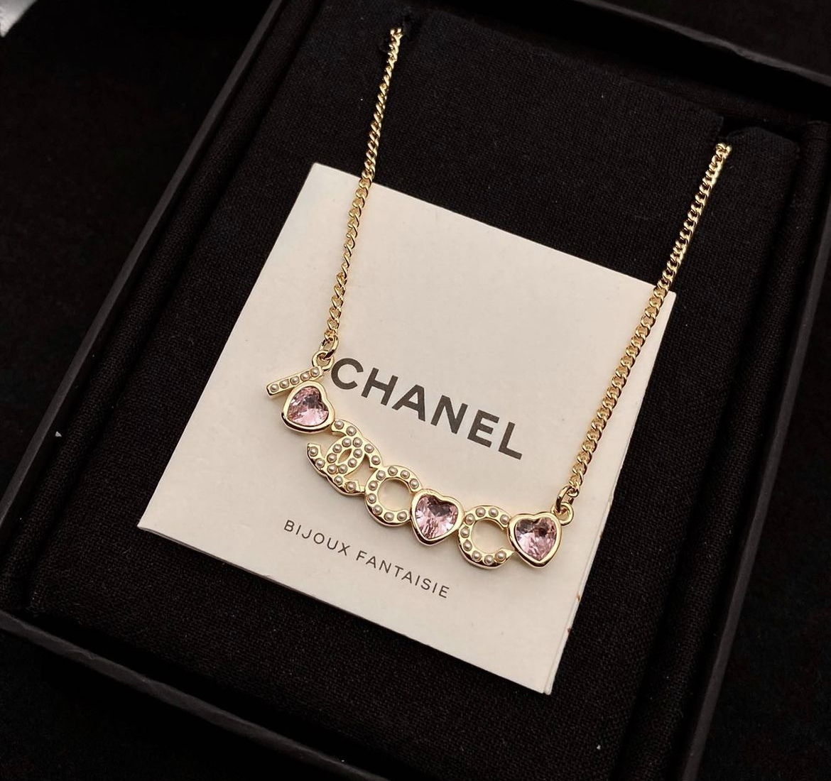 香奶奶 coco粉水晶桃心珍珠雙c翻玩項鍊