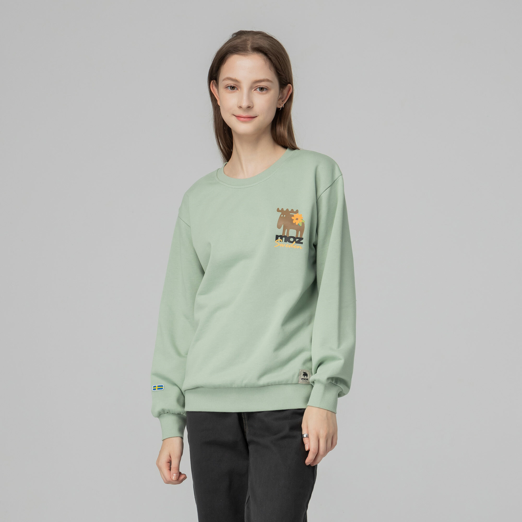 moz瑞典 FLOWER駝鹿 100%純棉 大學T -薄荷綠(亞洲版) 男女共款