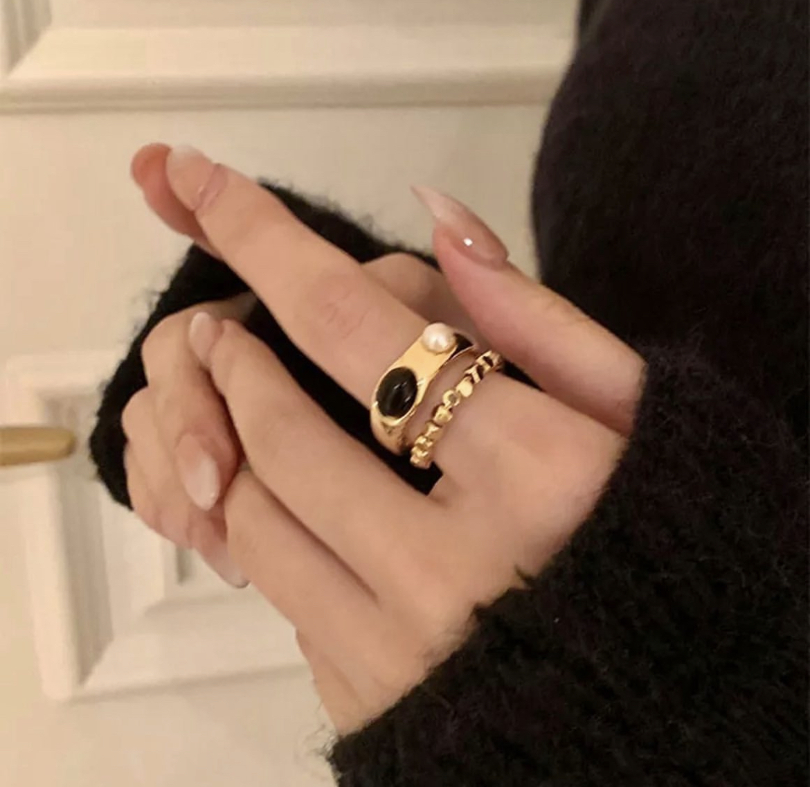 黑金滴釉寶石 珍珠開口戒set