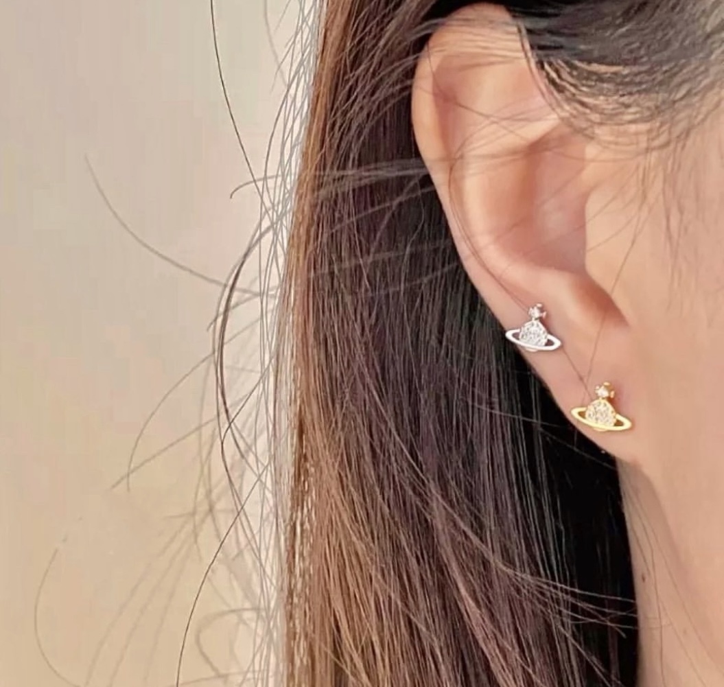 小土星 立體金銀鑽mini翻玩耳釘