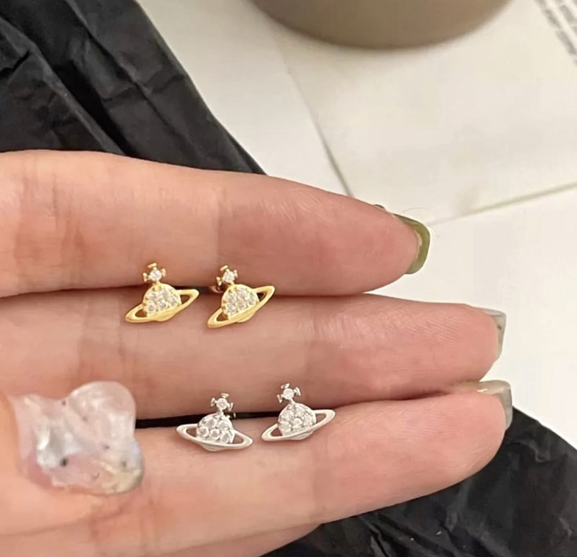 小土星 立體金銀鑽mini翻玩耳釘