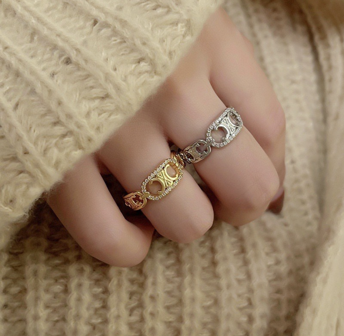 凱旋門復古金銀鑽 翻玩一體開口戒