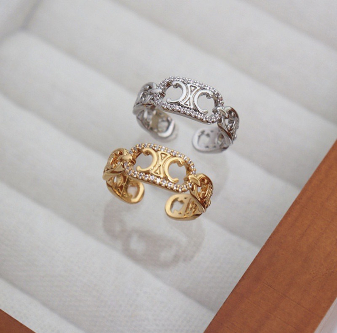 凱旋門復古金銀鑽 翻玩一體開口戒