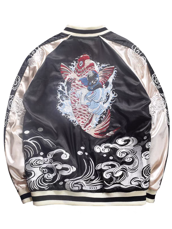 鯉魚波浪刺繡雙面穿夾克外套