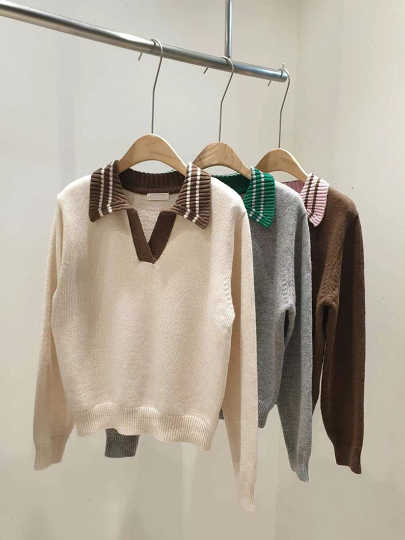 [現貨] 翻領撞色針織上衣 [ 棕色 / Free ]