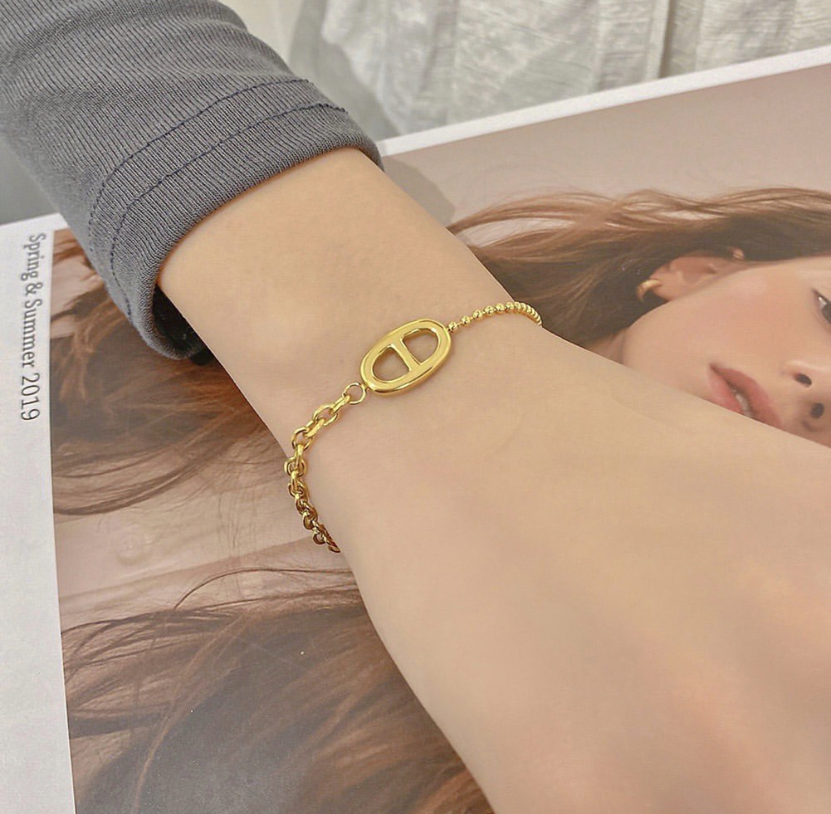 經典雙D豬鼻 亮金鈦鋼手鍊