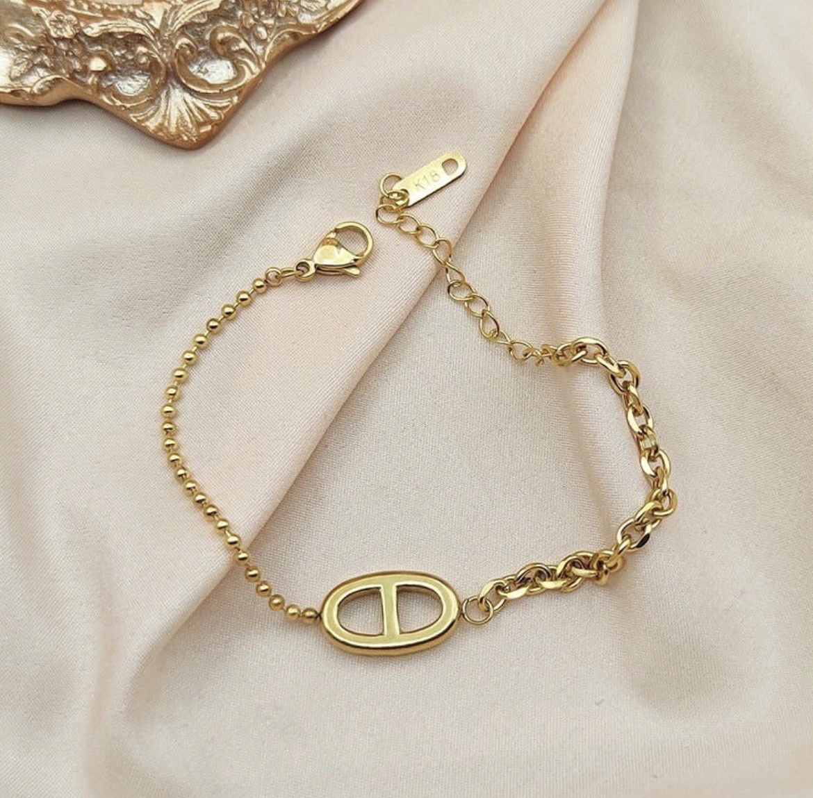 經典雙D豬鼻 亮金鈦鋼手鍊