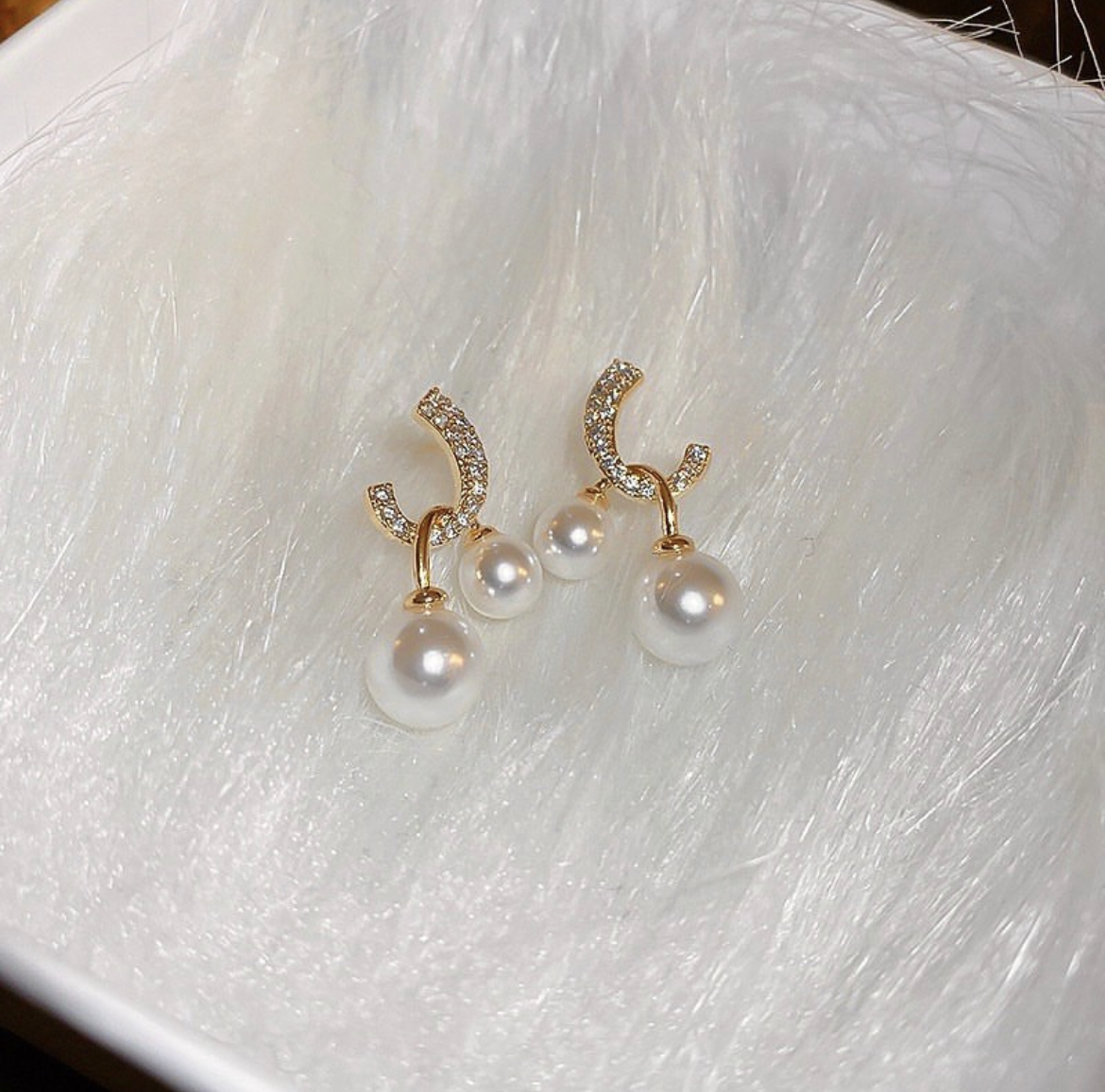 小雙c 白金鑽珍珠耳釘