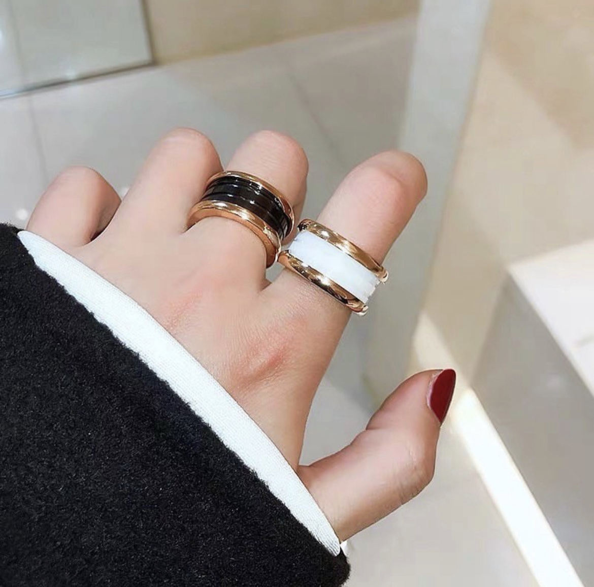 bg 18k 小蠻腰白黑陶瓷定製鋼戒