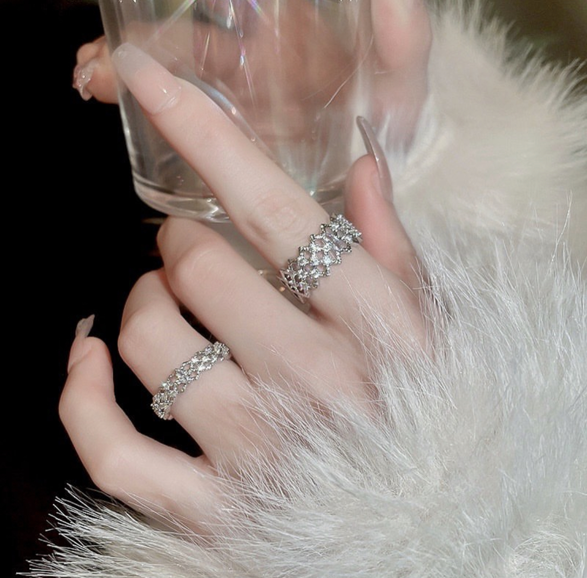 高奢銀鑽蕾絲 寬版開口戒