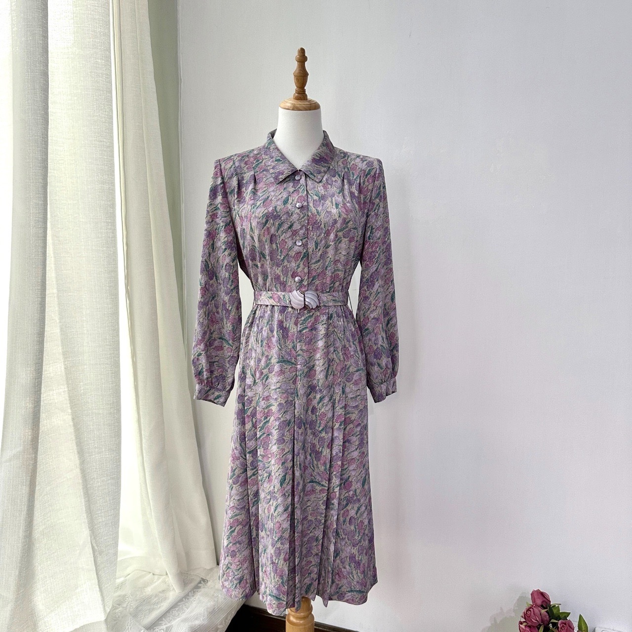 日本製紫色鬱金香和服布連身裙