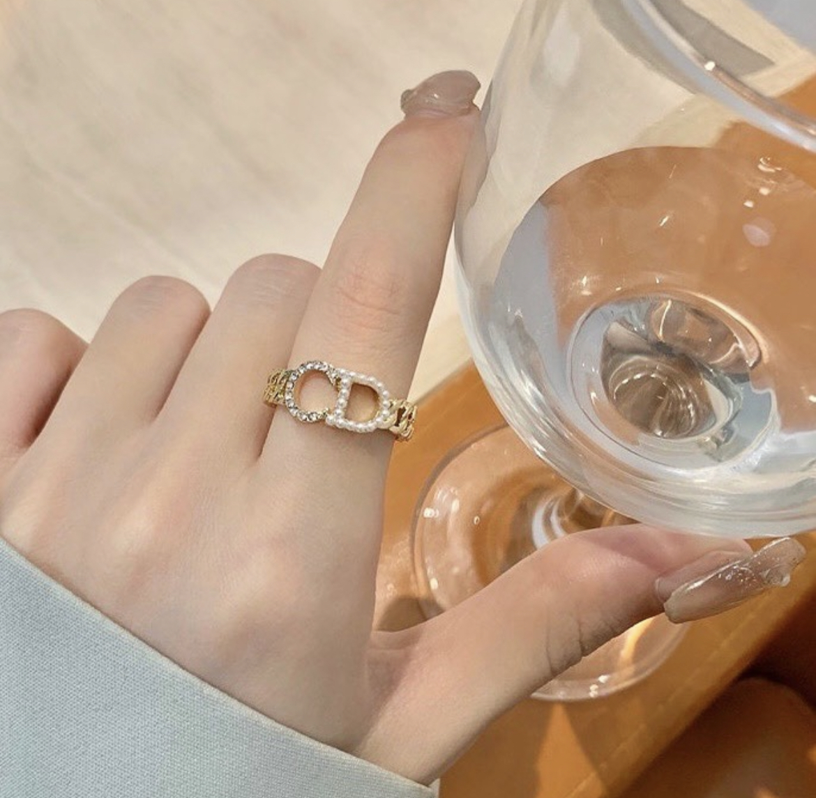 CD夢幻白鑽珍珠 鏈條開口戒