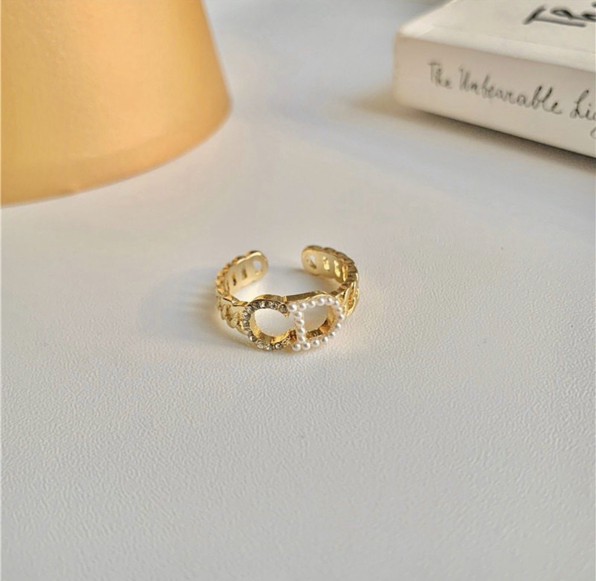 CD夢幻白鑽珍珠 鏈條開口戒