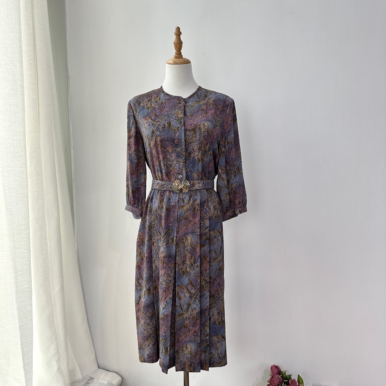 日本製漸變紫藍色葉枝和服布連身裙