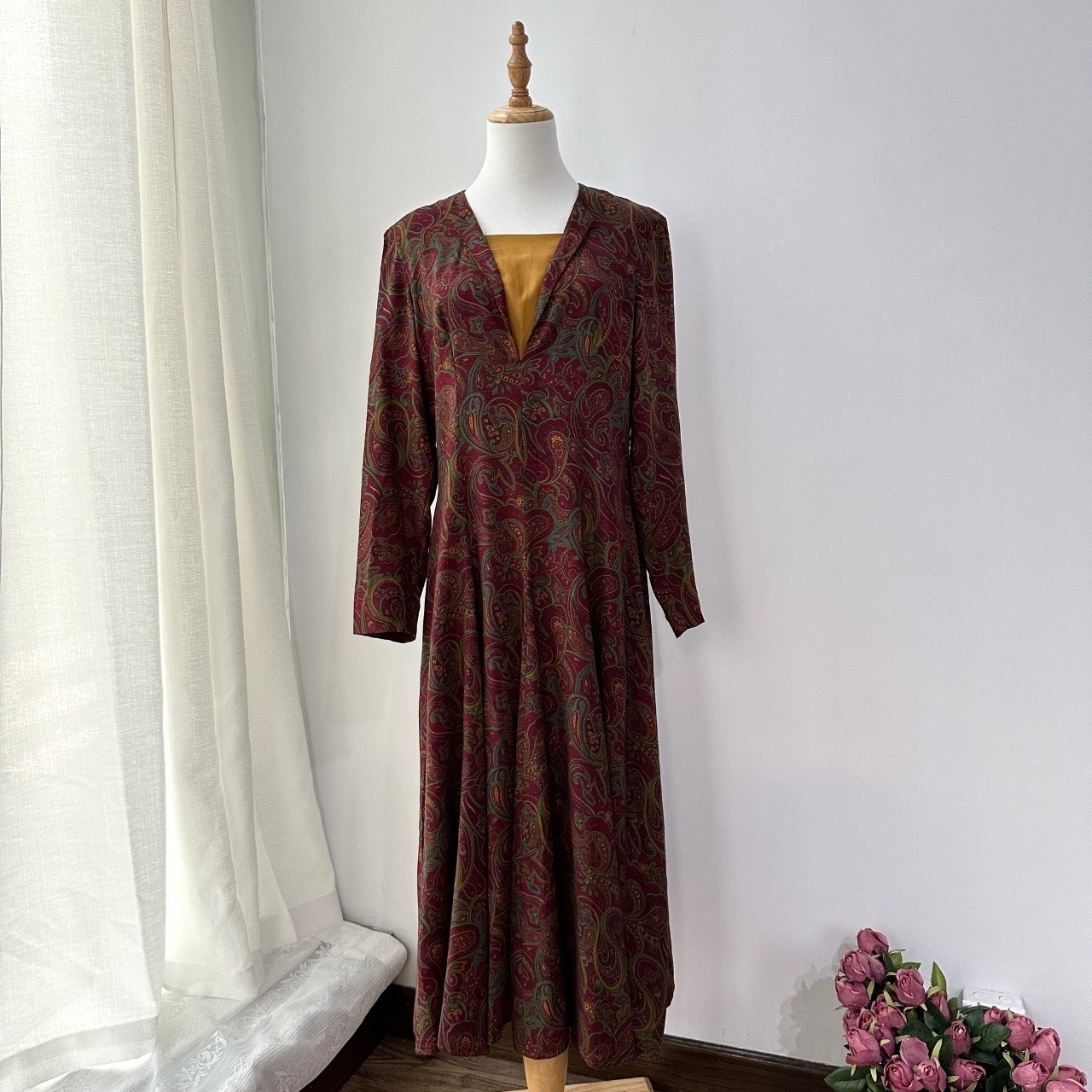 古典感酒紅色腰果花假兩件連身裙