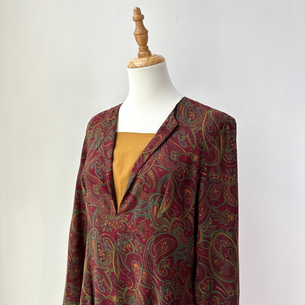 古典感酒紅色腰果花假兩件連身裙